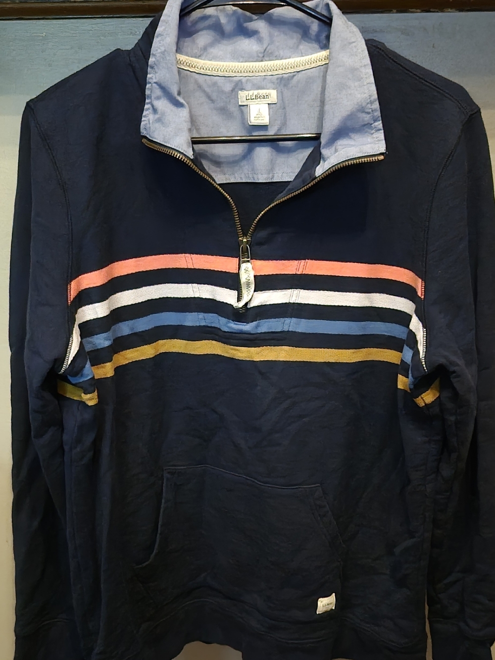 L.L. Bean Navy Zip-Up Sweater with Coral, White, Blue and Gold Stripes